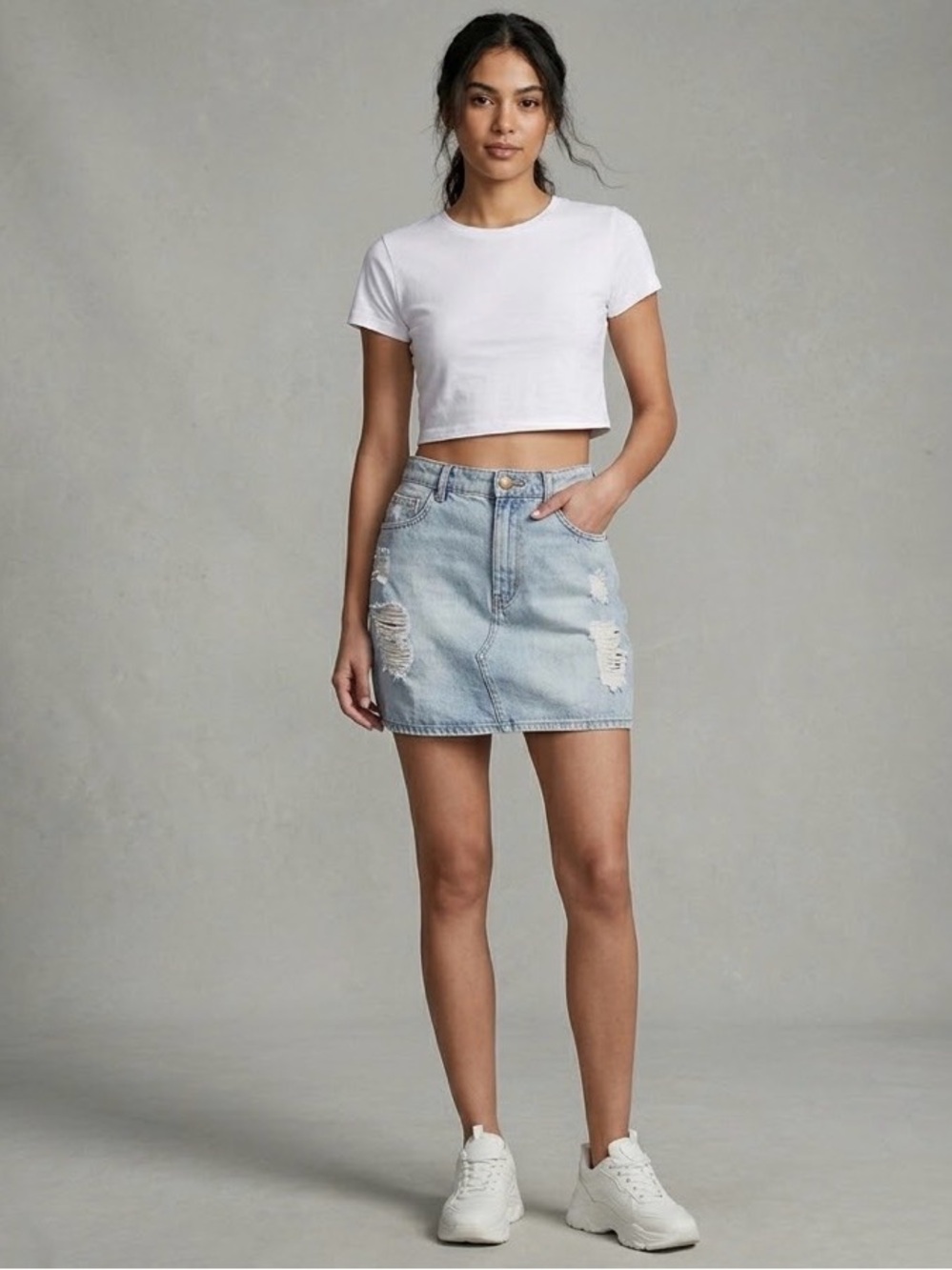 JLUXLABEL Light Blue Distressed Denim Mini Skirt L